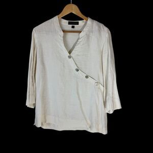 David Dart Ivory 100% Linen Asymmetrical Button 3/4 Sleeve Tunic Sz L